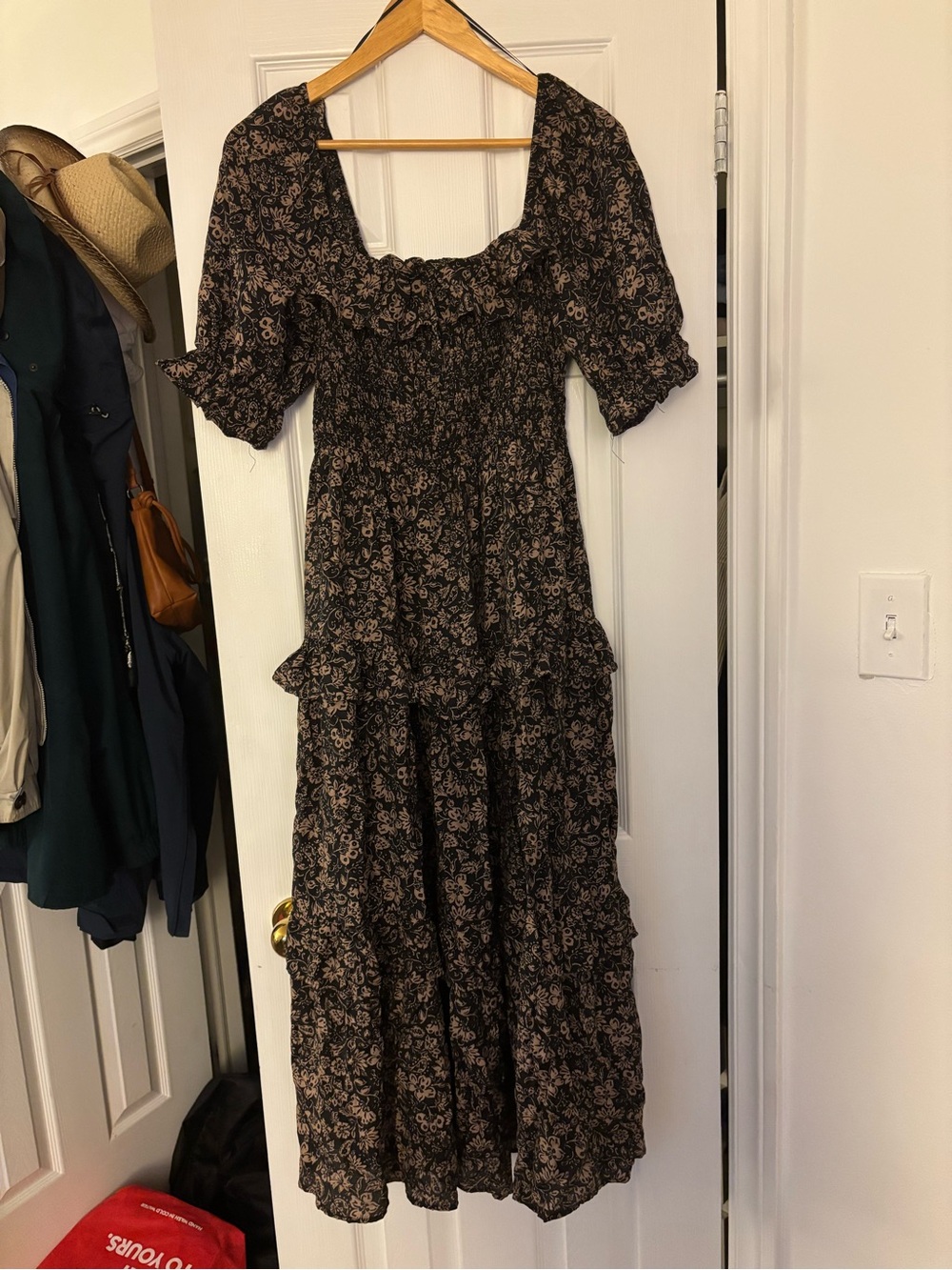 Black Floral Maxi Dress with Square Neck and Puff Sleeves